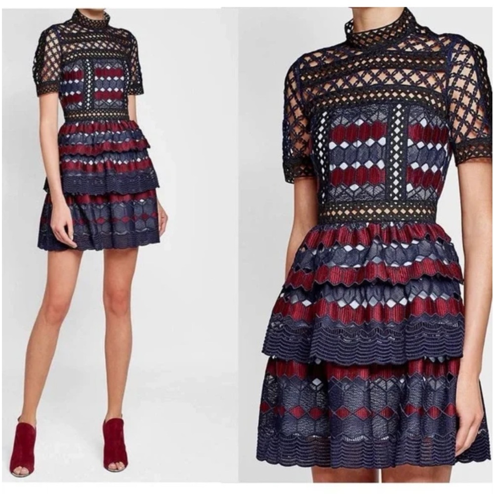 SELF-PORTRAIT Self Hexagon Lace Mini Dress Cut Out High Neck Size 2 Navy